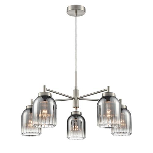 Caligo Five Light Satin Nickel And Smoked Ribbed Glass Pendant Or Flush FL2506-5