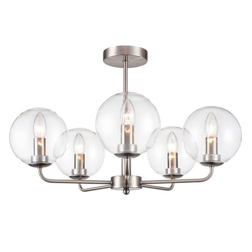 Court 5 Arm Satin Nickel And Clear Glass Globe Shades Semi-Flush FL2499-5