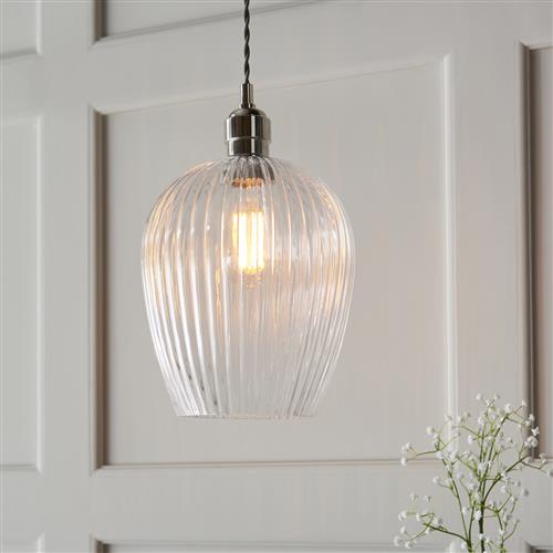 Bright Nickel and Ribbed Glass Pendant Corbin-PD10