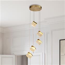 Cuboid LED Satin Brass And Clear 5 Light Cluster Ceiling Pendant 33640-5SB