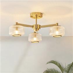 Stamford 3 Light Brushed Aged Brass And Ribbed Glass Semi Flush 120634