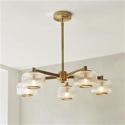 Stamford 5 Light Brushed Aged Brass Plate And Ribbed Glass Pendant 120635