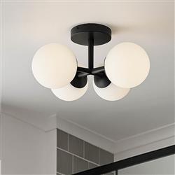 Castrovido IP44 4 Arm Black And Opal White Glass Semi Flush Bathroom Fitting
