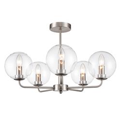 Court 5 Arm Satin Nickel And Clear Glass Globe Shades Semi-Flush FL2499-5