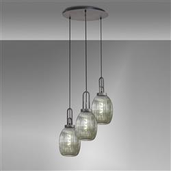 Yeadon Three Light Aged Pewter And Ribbed Glass Ceiling Drop Pendant 