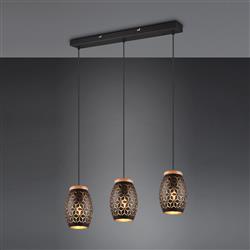 Bidar 3 Light Matt Finished Patterned Metal And Wood Linear Pendant