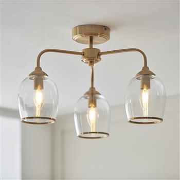 Ashcroft 3 Light Brushed Aged Brass Plate And Clear Glass Semi Flush