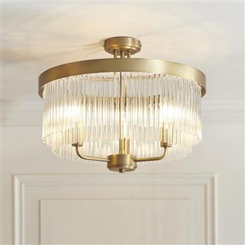 Clemont Warm Antique Brass And Clear Glass Three Light Semi-Flush Ceiling Fitting 119109
