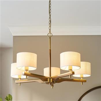 Heathcliff Brushed Aged Brass And Oak Wood Five Arm Light Fitting 116994