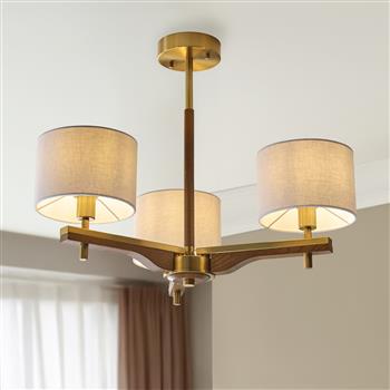 Heathcliff Brushed Aged Brass And Oak Wood Three Arm Semi-Flush Fitting 116993