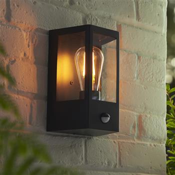 Huntington PIR IP44 Matt Black And Clear Glass Outdoor Wall Light 120552