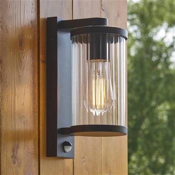 Newcombe PIR IP44 Black And Ribbed Glass Outdoor Wall Light 120537