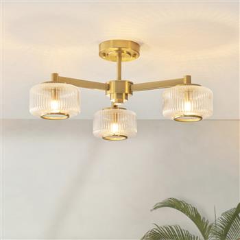Stamford 3 Light Brushed Aged Brass And Ribbed Glass Semi Flush 120634