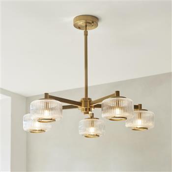 Stamford 5 Light Brushed Aged Brass Plate And Ribbed Glass Pendant 120635