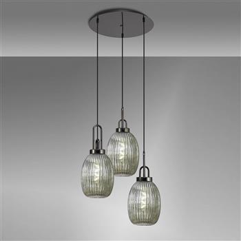 Yeadon 3 Light Black Chrome And Ridged Glass Cluster Pendant