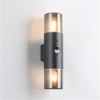 Hoosic IP44 Matt Black And Smoked Double PIR Wall Light 222260232