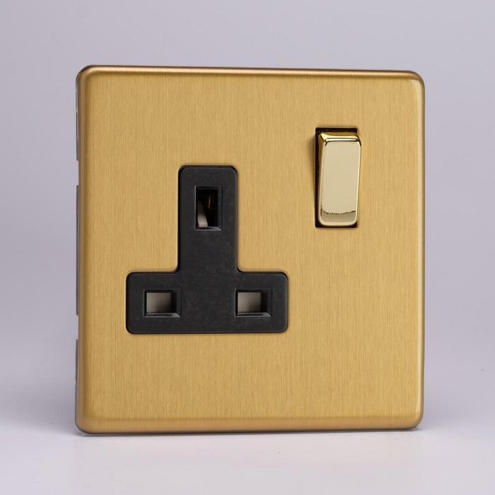 Double Pole Switched Screwless 1 Gang Satin Brass Socket XDB4BS