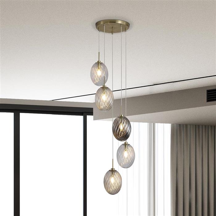 Whirl Five Light Satin Brass And Glass Ceiling Pendant 24142-5SB
