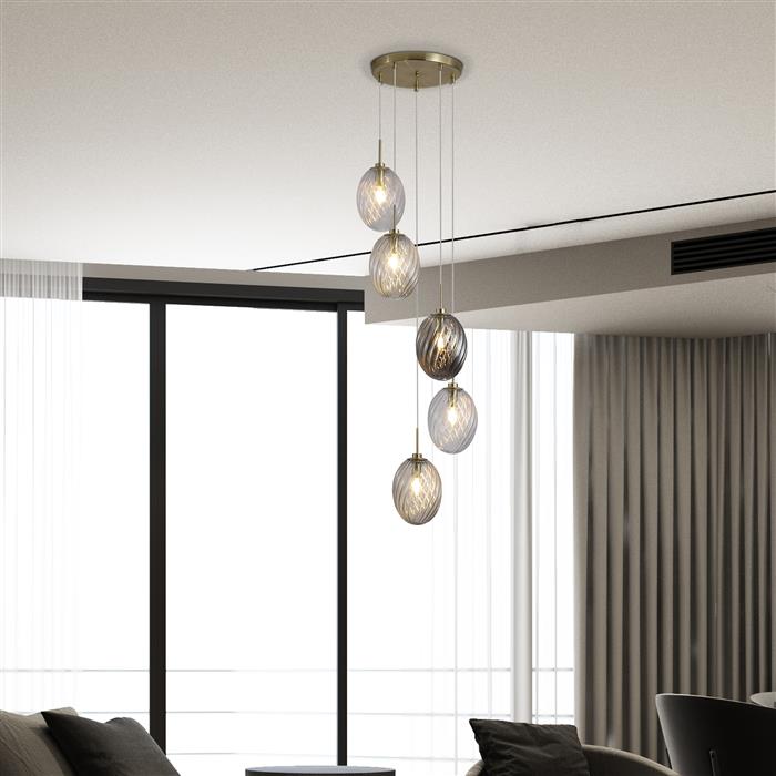 Whirl Five Light Satin Brass And Glass Ceiling Pendant 24142-5SB