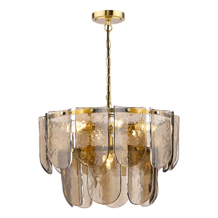Anielle Natural Brass And Dappled Tea Smoked Glass 7 Light Pendant ANI3442