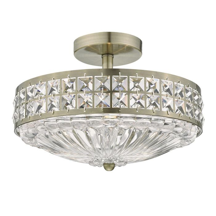Olona 3 Light Semi Flush Antique Brass Crystal Ceiling Fitting OLO5375