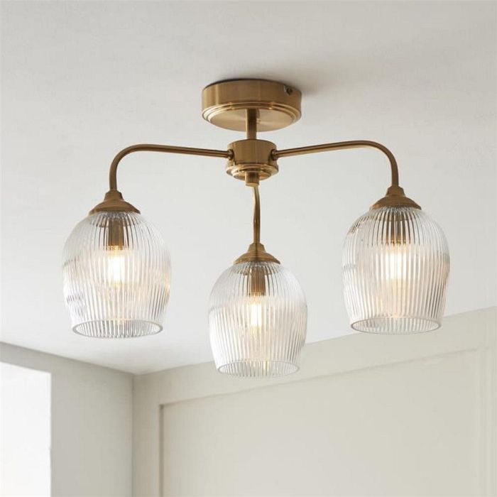 Ashcroft 3 Light Brushed Aged Brass Plate And Clear Ribbed Glass Semi Flush 120617