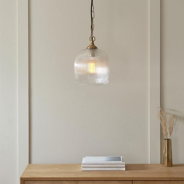 Ashcroft Brushed Aged Brass Plate And Clear Ribbed Glass Single Pendant 120625
