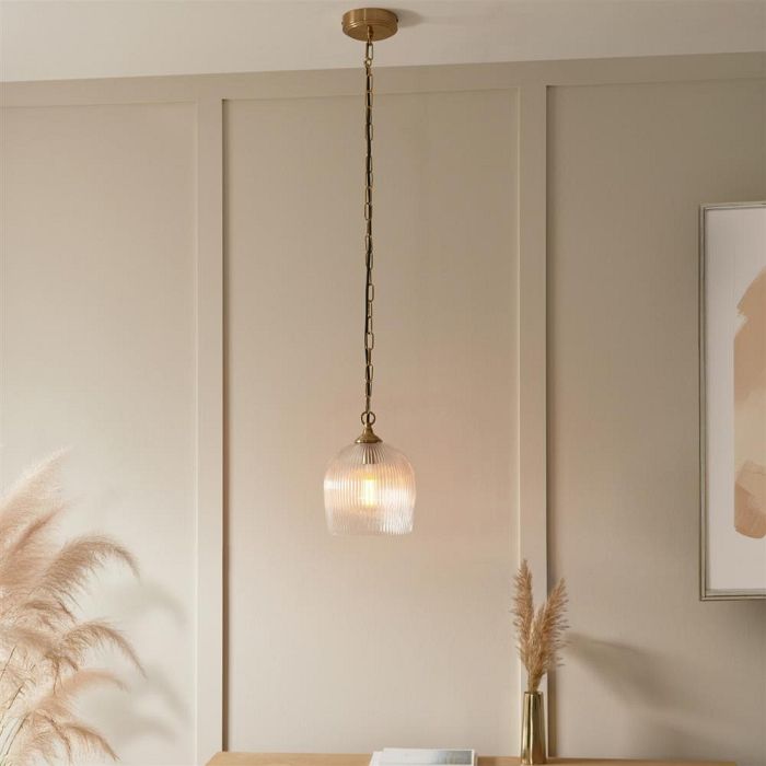 Ashcroft Brushed Aged Brass Plate And Clear Ribbed Glass Single Pendant 120625