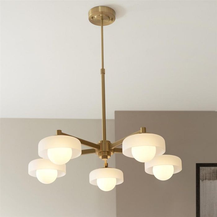 Boss 5 Light Brushed Aged Brass Plate With Frosted Opal Glass Pendant 120632