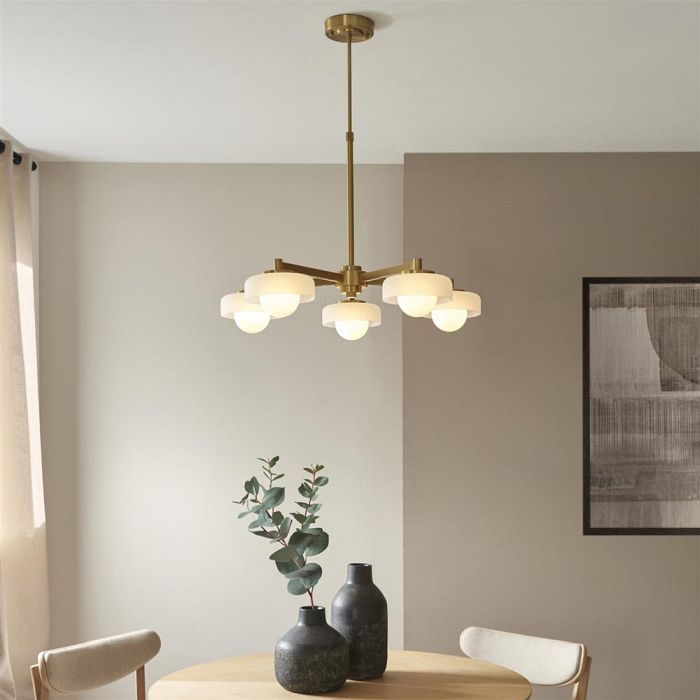 Boss 5 Light Brushed Aged Brass Plate With Frosted Opal Glass Pendant 120632