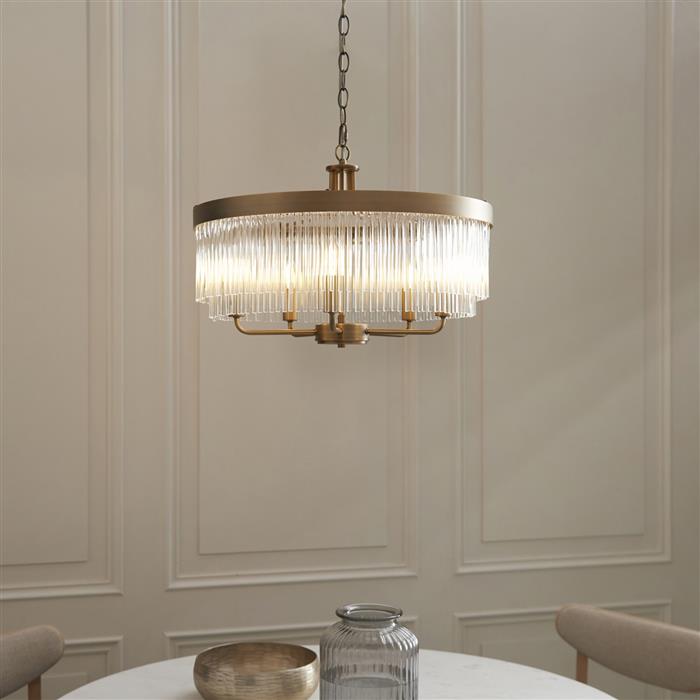 Clemont Warm Antique Brass And Clear Glass Five Light Pendant Fitting 119110