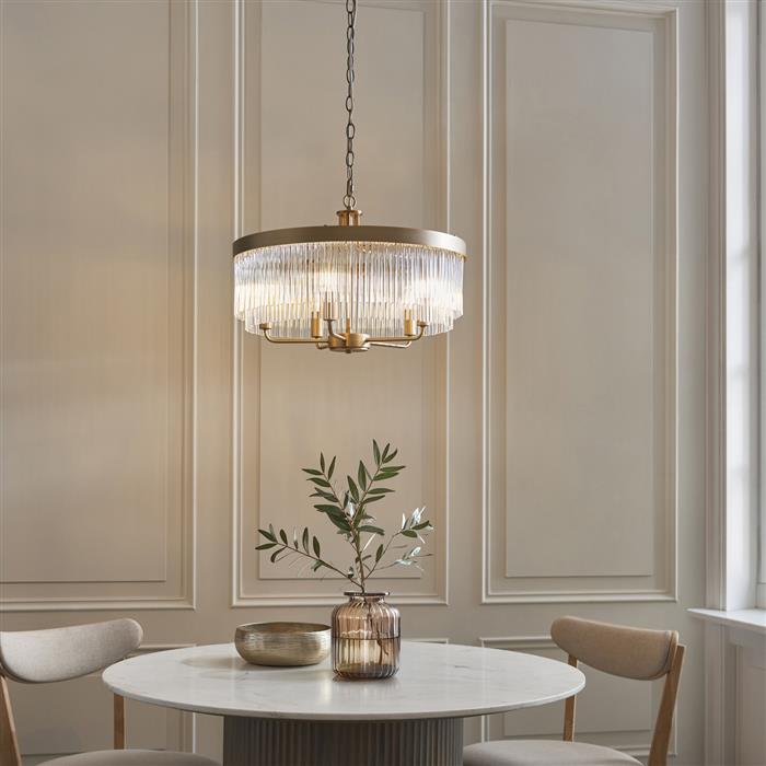 Clemont Warm Antique Brass And Clear Glass Five Light Pendant Fitting 119110