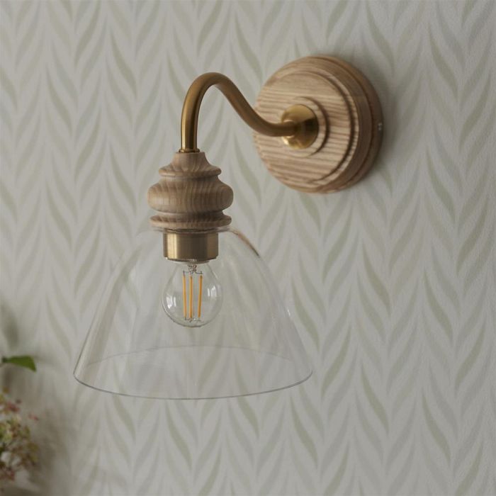 Cotswold Natural Ash Wood And Brushed Aged Brass Plate Wall Light 113371