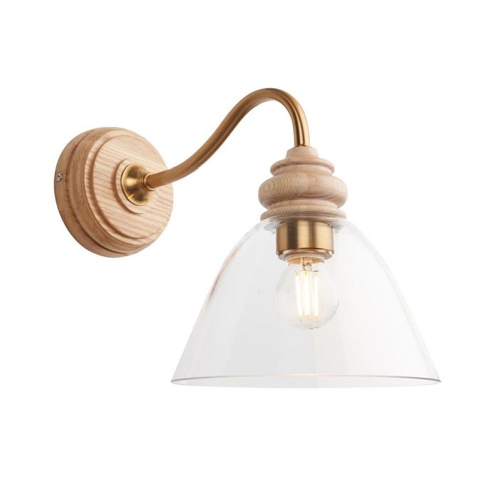 Cotswold Natural Ash Wood And Brushed Aged Brass Plate Wall Light 113371