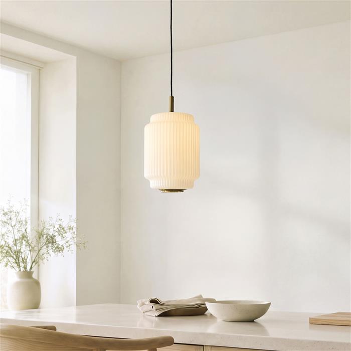 Evora Narrow Single Aged Brass and Opal Glass Pendant 122054