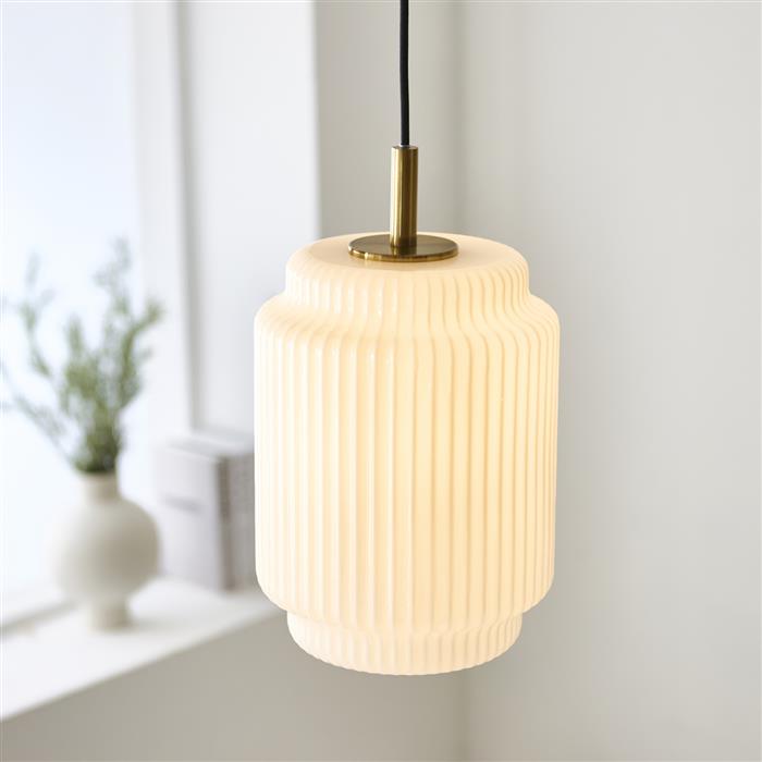 Evora Narrow Single Aged Brass and Opal Glass Pendant 122054