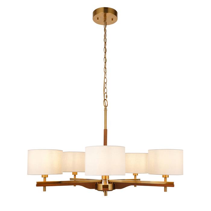 Heathcliff Brushed Aged Brass And Oak Wood Five Arm Light Fitting 116994