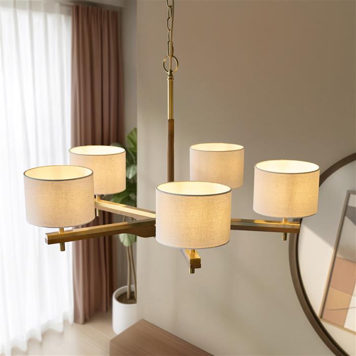 Heathcliff Brushed Aged Brass And Oak Wood Five Arm Light Fitting 116994