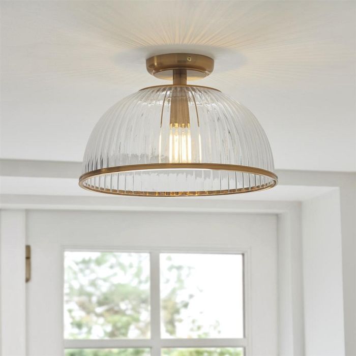 Somerset Vintage Brass And Ribbed Clear Glass Semi Flush Fitting 118751