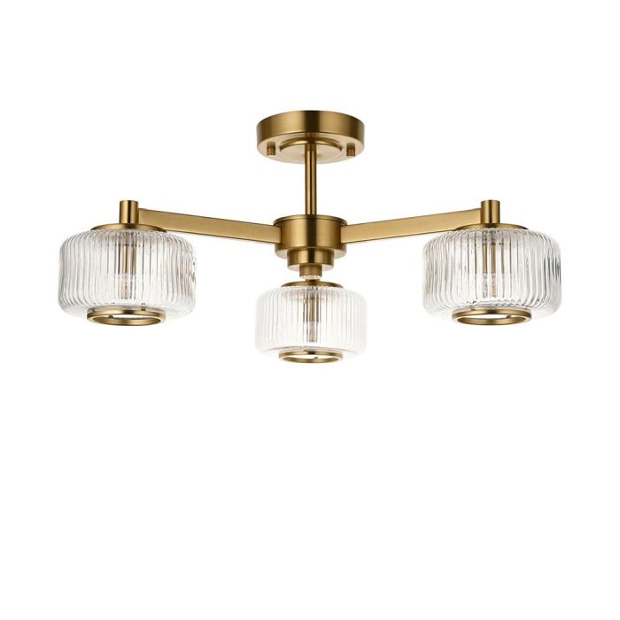 Stamford 3 Light Brushed Aged Brass And Ribbed Glass Semi Flush 120634