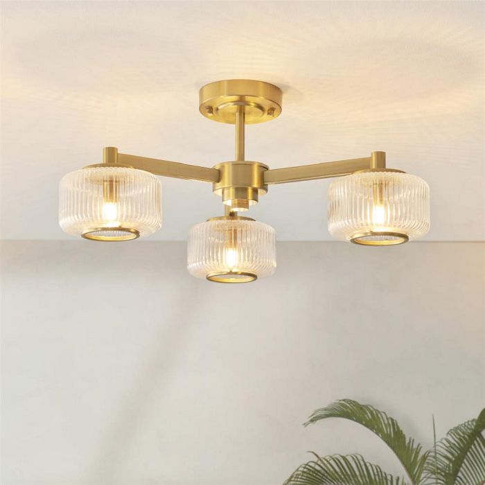 Stamford 3 Light Brushed Aged Brass And Ribbed Glass Semi Flush 120634