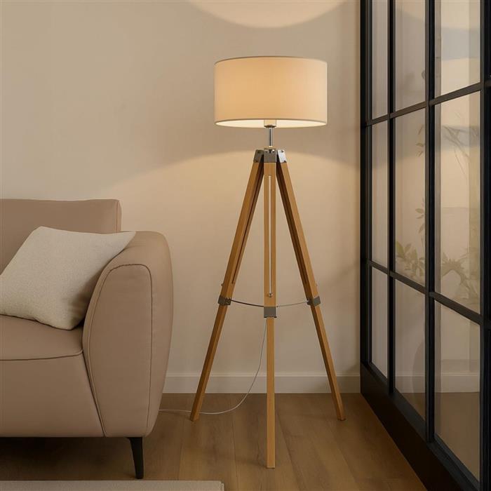 Lantada Light Wood And Cream Drum Shade Tripod Floor Lamp 44114