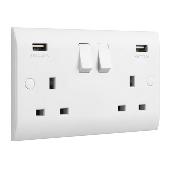 Curved White Resin Double USB-A Switched Socket CE423