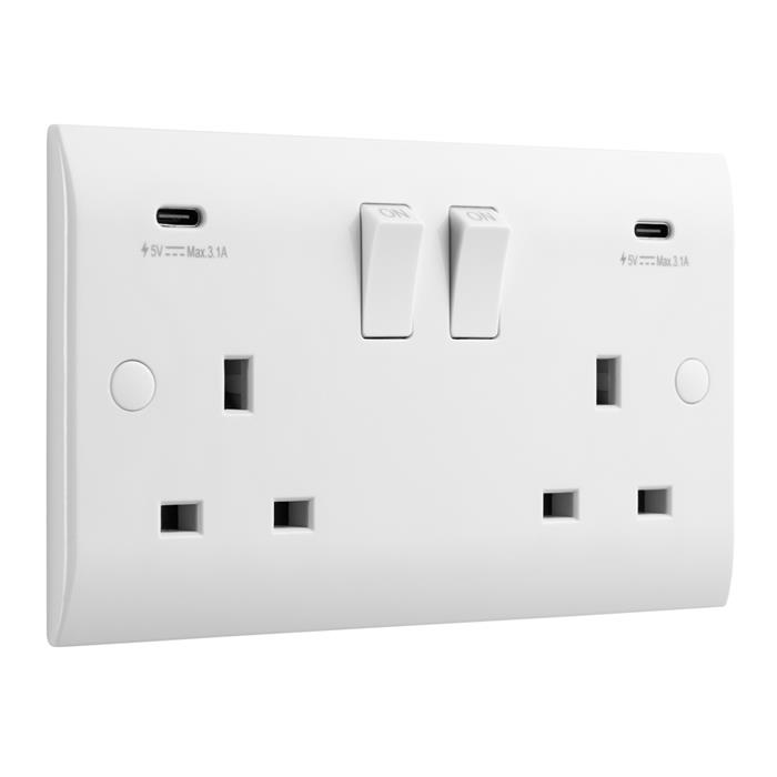 Curved White Resin Double USB-C Switched Socket CE427