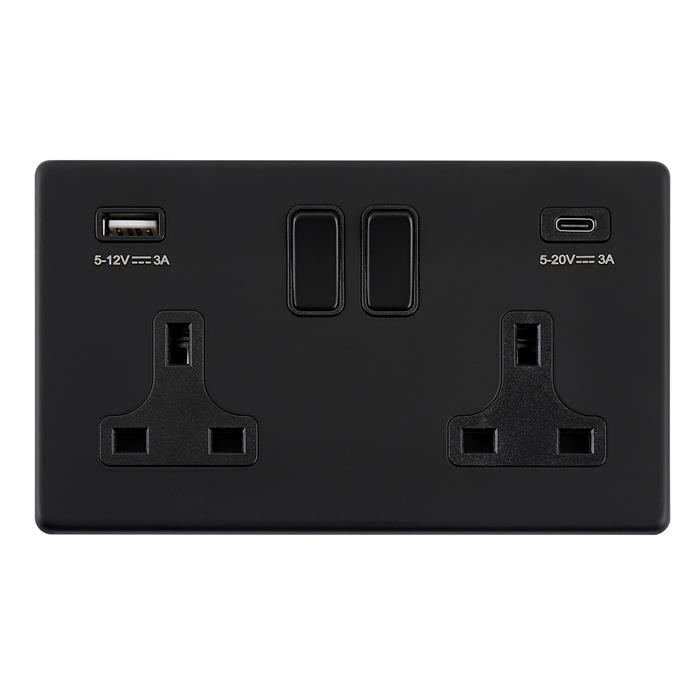 Screwless Dual Fast-Charge USB Black Double Socket SL424BLB