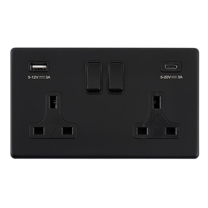 Screwless Dual Fast-Charge USB Black Double Socket SL424BLB