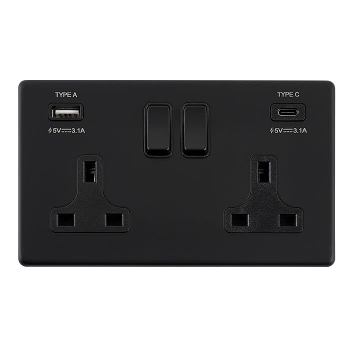 Screwless Dual USB Black Double Socket Black Inserts SL425BLB