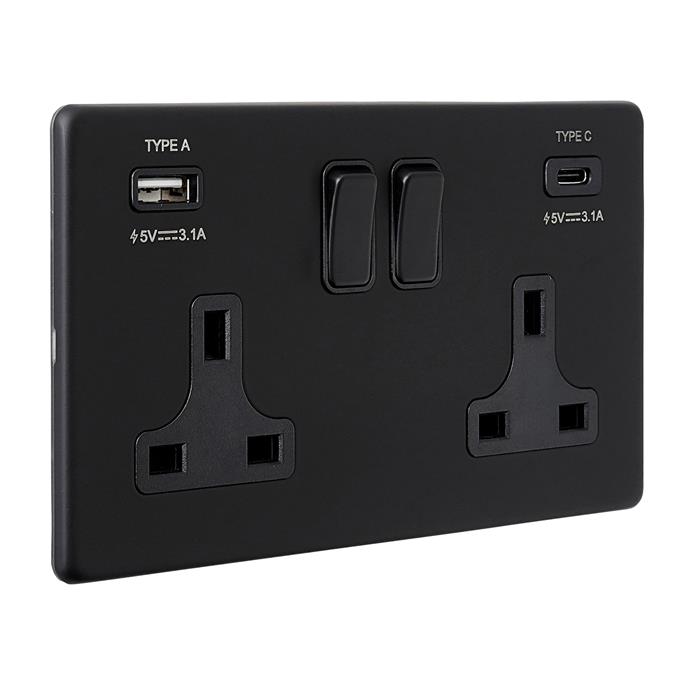 Screwless Dual USB Black Double Socket Black Inserts SL425BLB