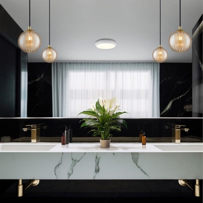 Globe Aged Brass And Amber Ribbed Glass IP44 Pendant PCH430-384