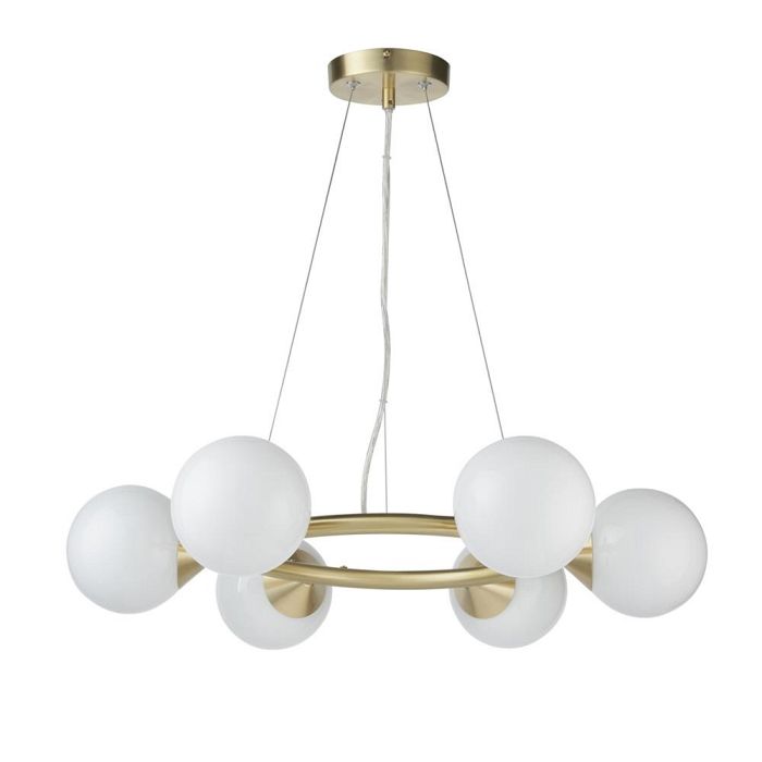 Six Light Pendant Satin Brass and White Glass Bryson-BY6